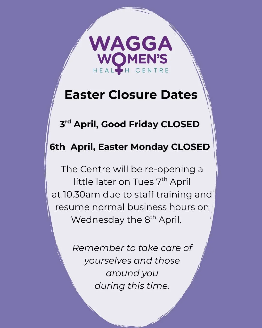2026 EASTER CLOSURE DATES 🐰

We hope everyone has an enjoyable Easter break. 
Please be kind to yourselves and each other over this long weekend period.