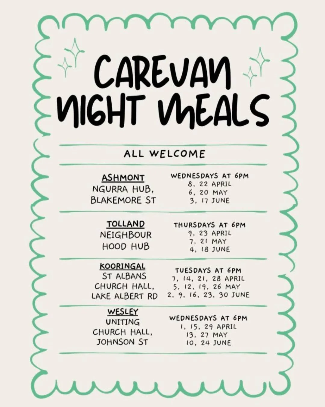 ✨ Carevan Night Meals ✨

Did you know Carevan now provides meals that community members can access afterhours at various locations across the Wagga Wagga?

Check out the attached poster for dates, times, and locations to find a service near you.