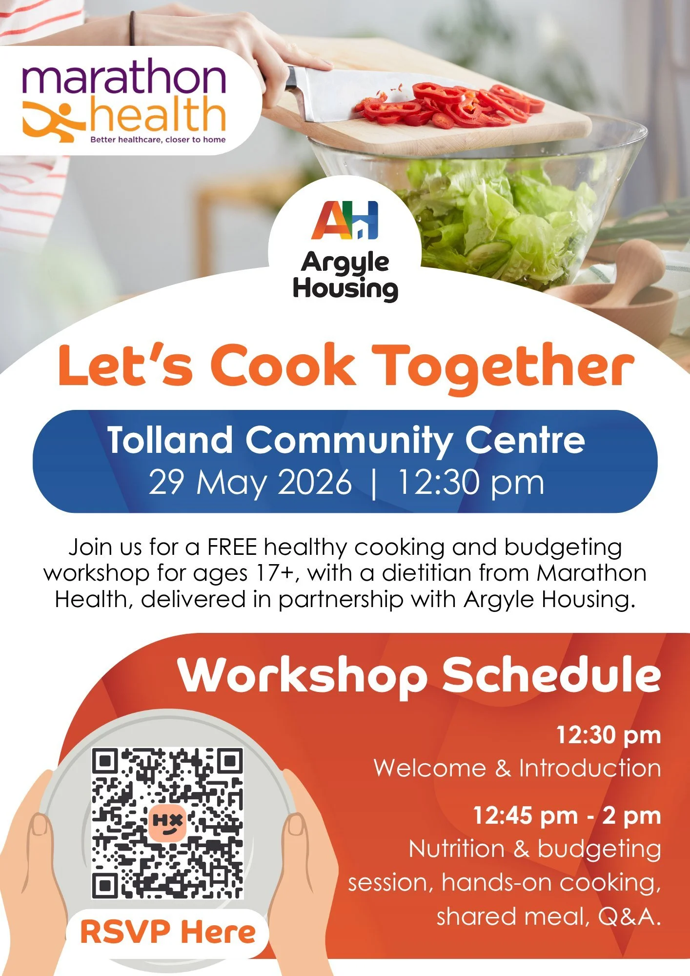 🍅 A few spots are still available for this week&rsquo;s Let&rsquo;s Cook Together workshop with Marathon Health! 🥗

Join Marathon Health  and Argyle Housing for a FREE healthy cooking and budgeting workshop at Tolland Community Centre this Friday.
