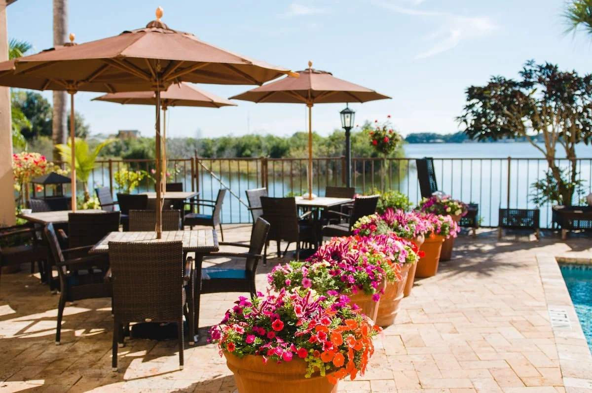 Outdoor patio area with tables, chairs, umbrellas, and potted pink and orange flowers overlooking a body of water under a clear sky.