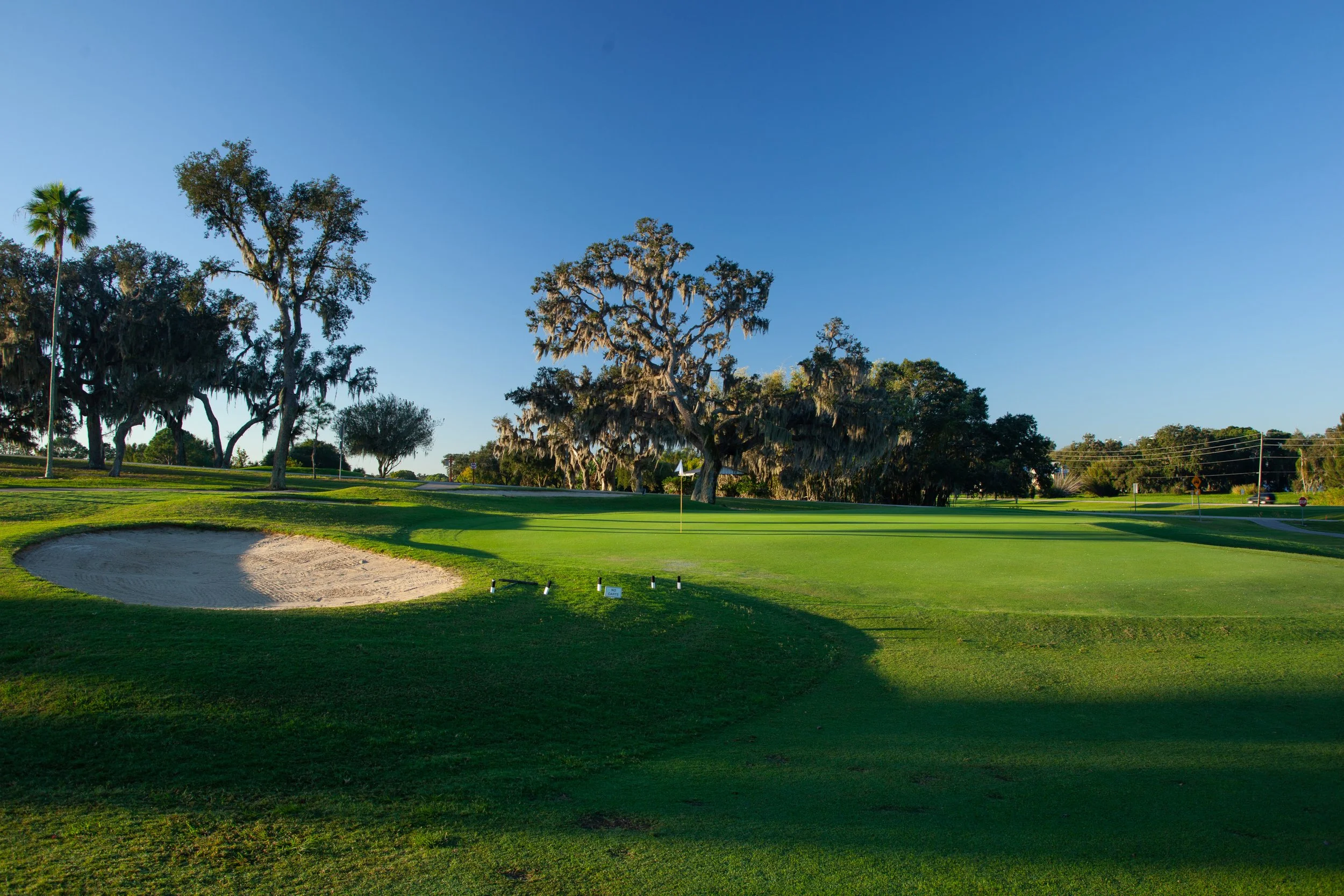 A golf course green with a sand bunker, flagstick, and surrounding trees under a clear blue sky.