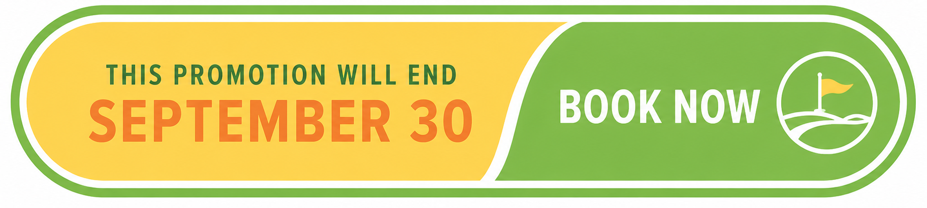 A promotional golf course advertisement with a yellow and green background, text indicating the promotion ends September 30, and a call to action to book now, alongside a golf flag icon.