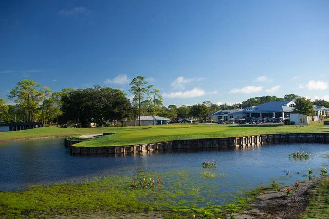 A pond with floating flowers in front of a grassy area, with trees and a large building with a white roof in the background under a blue sky with some clouds.