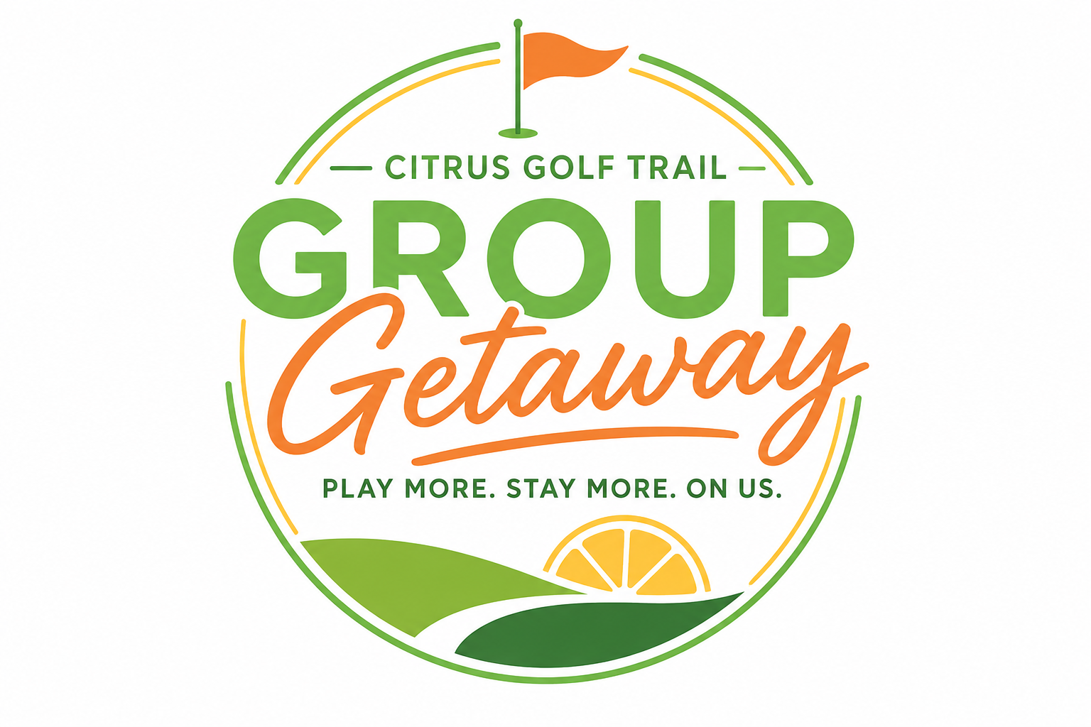 Logo for Citrus Golf Trail Group Getaway, featuring a golf flag, citrus slice, and landscape elements in green, orange, and yellow colors.