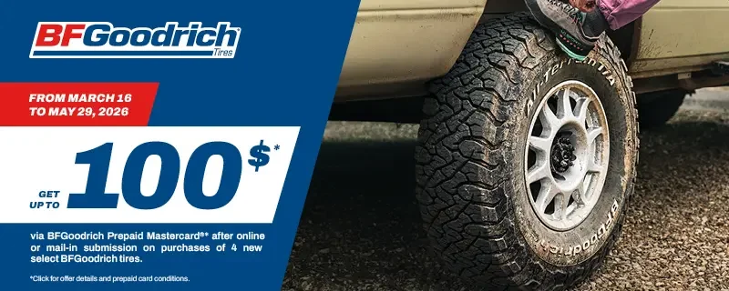 Advertisement for BFGoodrich Tires offering up to 100 dollars cashback from March 16 to May 29, 2026, featuring a vehicle tire and part of a vehicle's wheel and body.