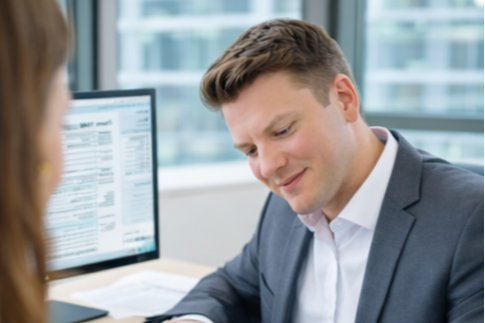 Business professional smiling in a formal setting with a computer monitor displaying spreadsheets or data.