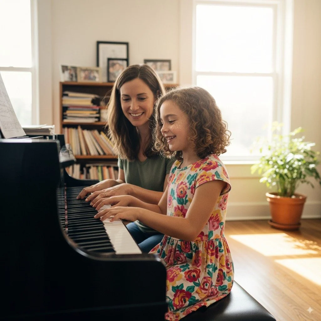 Piano instructor teaching a child piano at Plano Piano Studio in Allen, TX