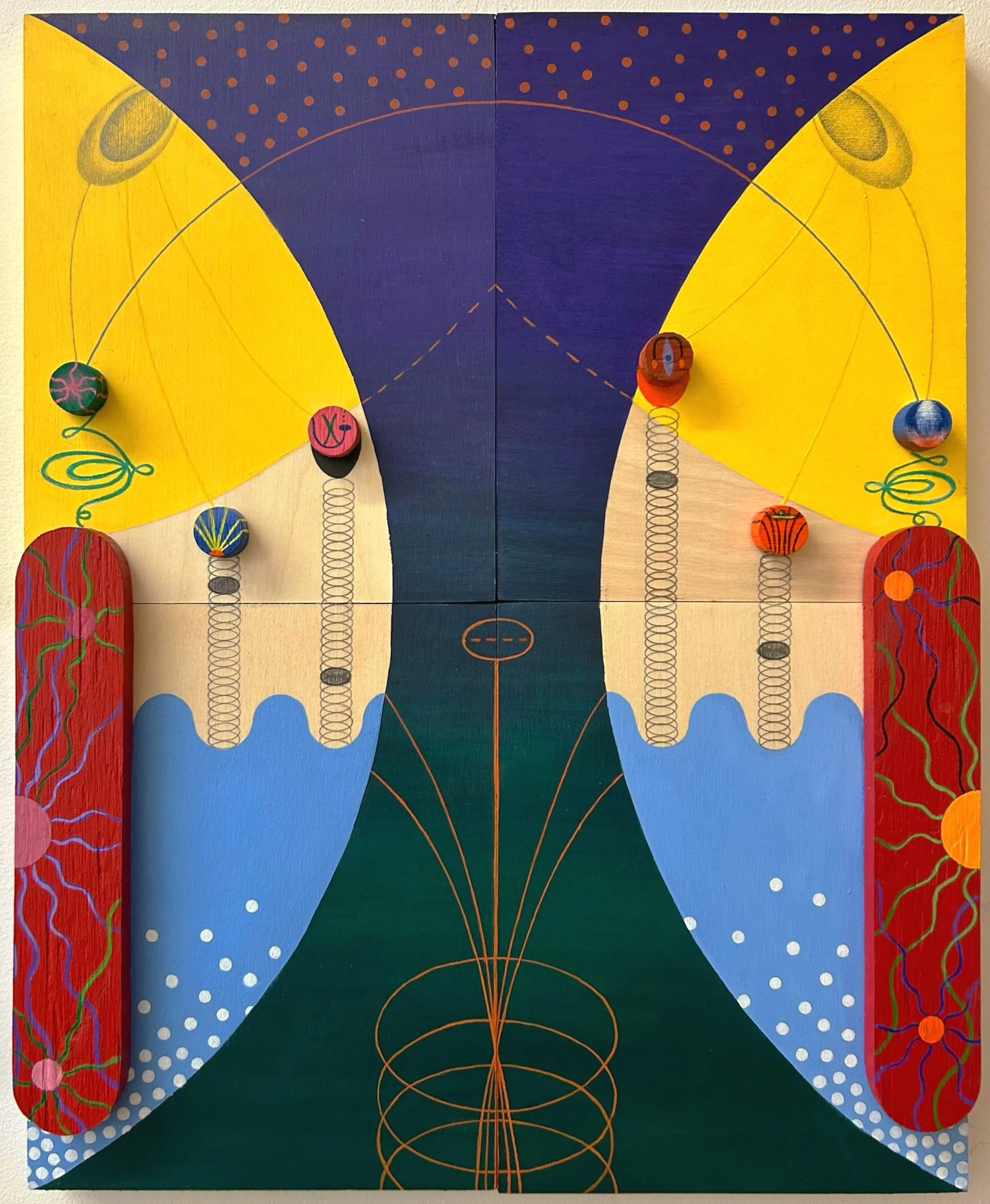 way out, acrylic, pencil, and wood carving on wood panel, 16 x 20 in, 2026