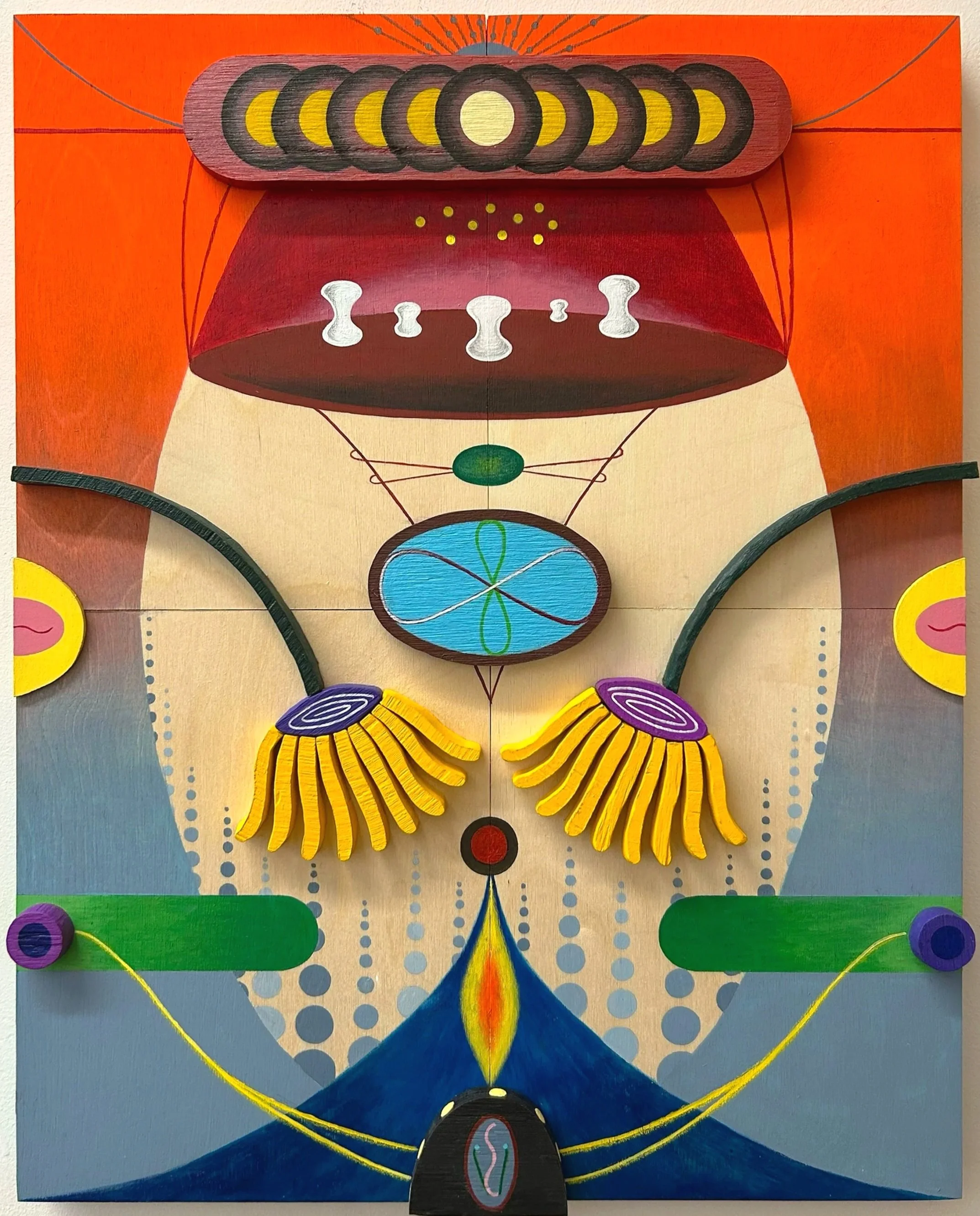 way in, acrylic, pencil, and wood carving on wood panel, 16 x 20 in, 2026