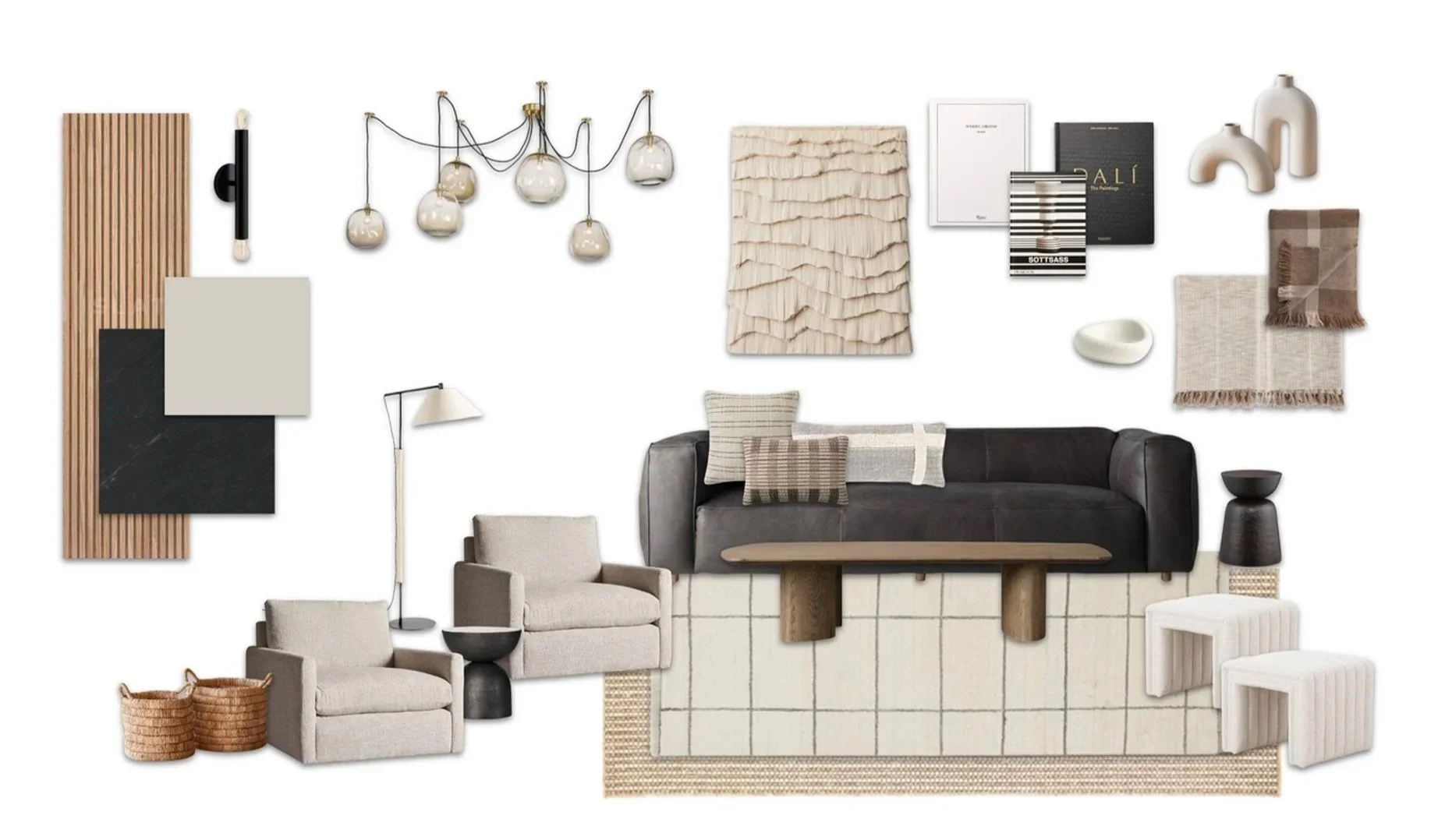 Living room decor with beige armchairs, a black sofa, a wooden coffee table, and various decorative pillows, blankets, candles, and art pieces on the wall, including a chandelier and vases.