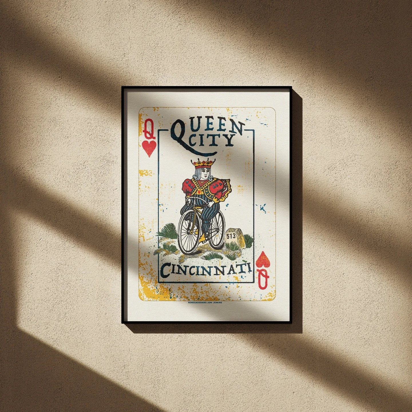 🚴&zwj;♀️ Back by popular demand: &ldquo;Queen City Cincinnati&rdquo; &mdash; now available in 12&times;18&Prime; and 24&times;36&Prime; sizes +more, as both gallery-wrapped canvas and fine-art gicl&eacute;e.
What started as a hand-pulled screenprint