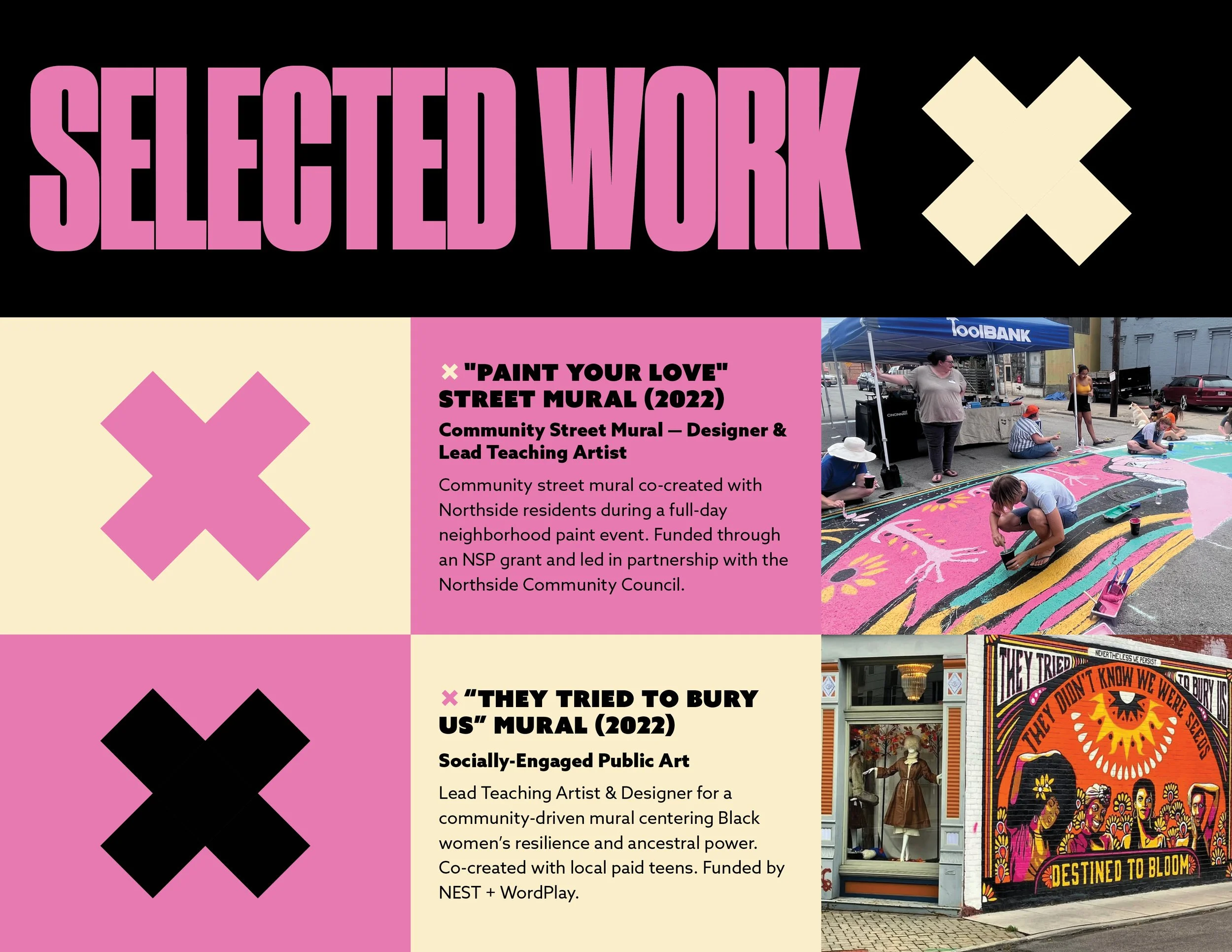 Poster featuring the title 'Selected Work' in large pink letters on a black background, showcasing two community murals with accompanying descriptions and photographs.
