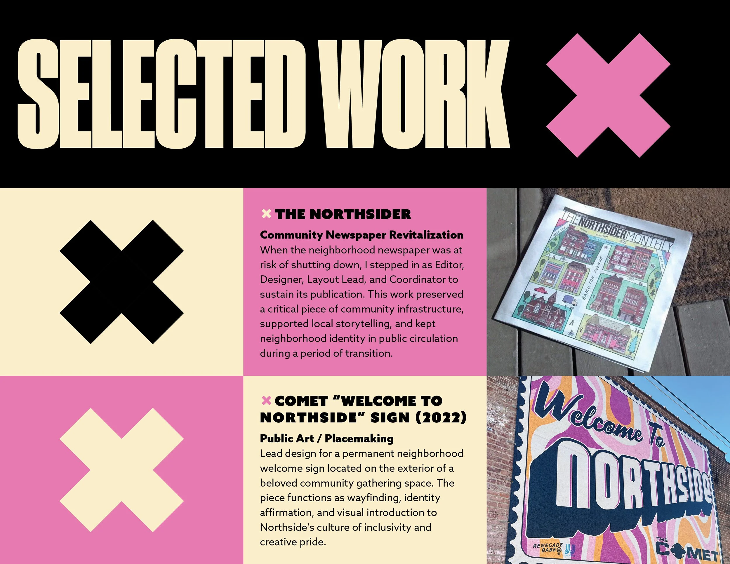 Poster titled 'Selected Work' featuring images of community projects, including a neighborhood map and a colorful welcome mural with the words 'Welcome to Northside'.