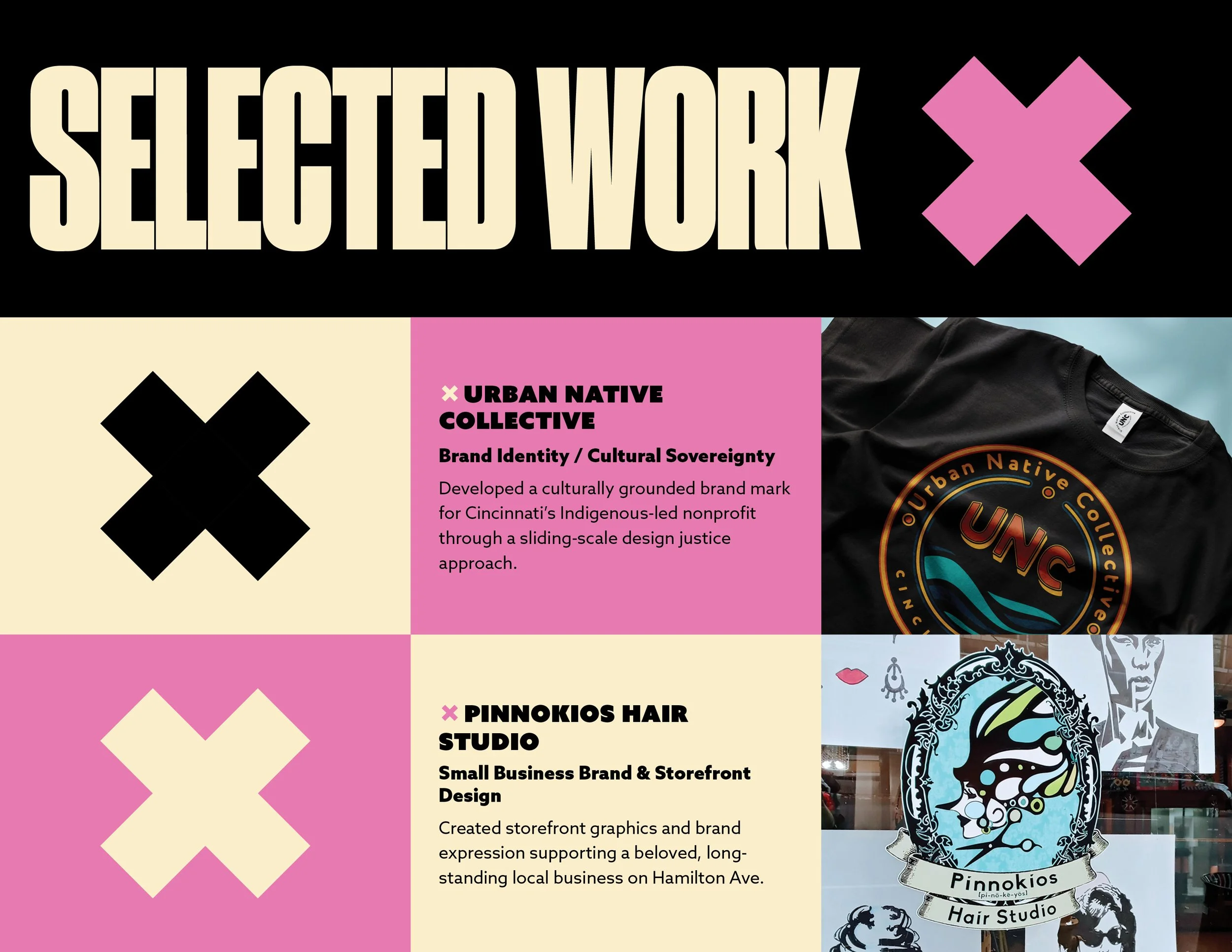 Digital graphic showcasing two projects: one for Urban Native Collective with a black t-shirt featuring their logo, and one for Pinnokios Hair Studio with storefront graphics and logo, all titled 'Selected Work' at the top with large bold text and pink and black accents.