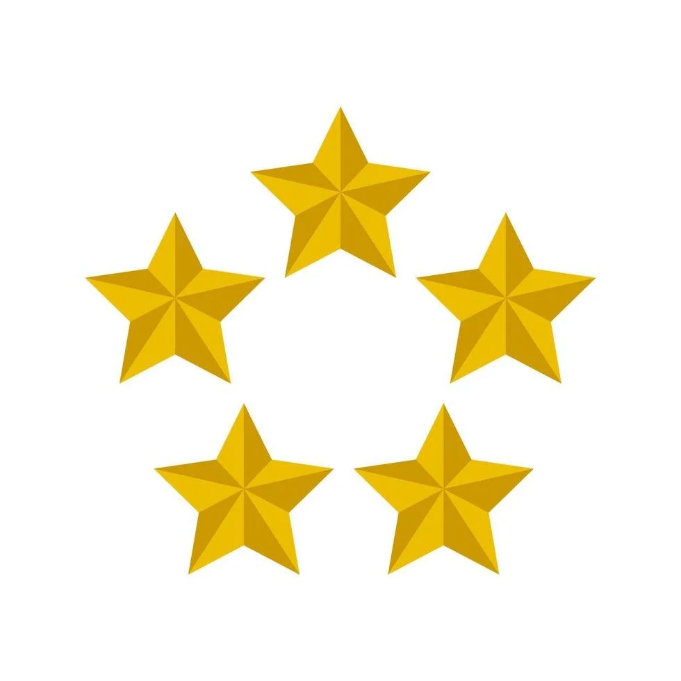 Five gold stars arranged in a circular pattern on a white background.