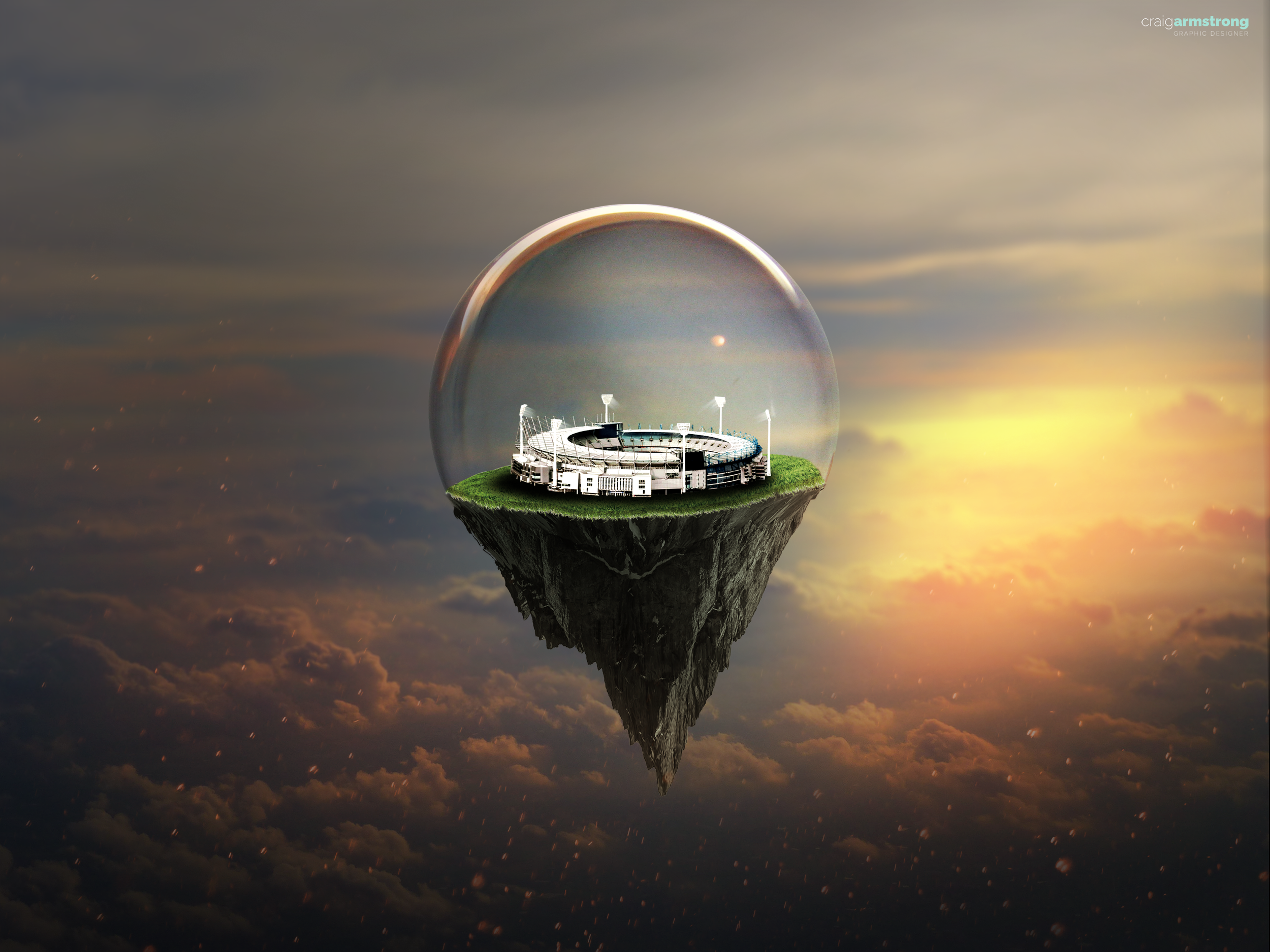 A floating island with a stadium surrounded by a glass dome, drifting among clouds during sunset.