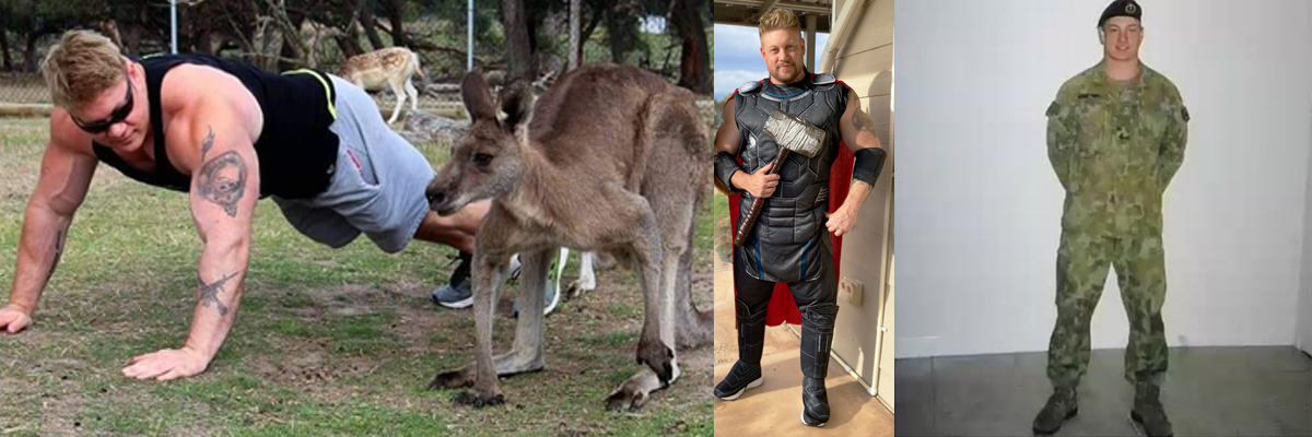 A man doing push-ups outdoors in a grassy area with a donkey nearby, another man in a costume holding a sledgehammer, and a soldier in camouflage uniform standing indoors.