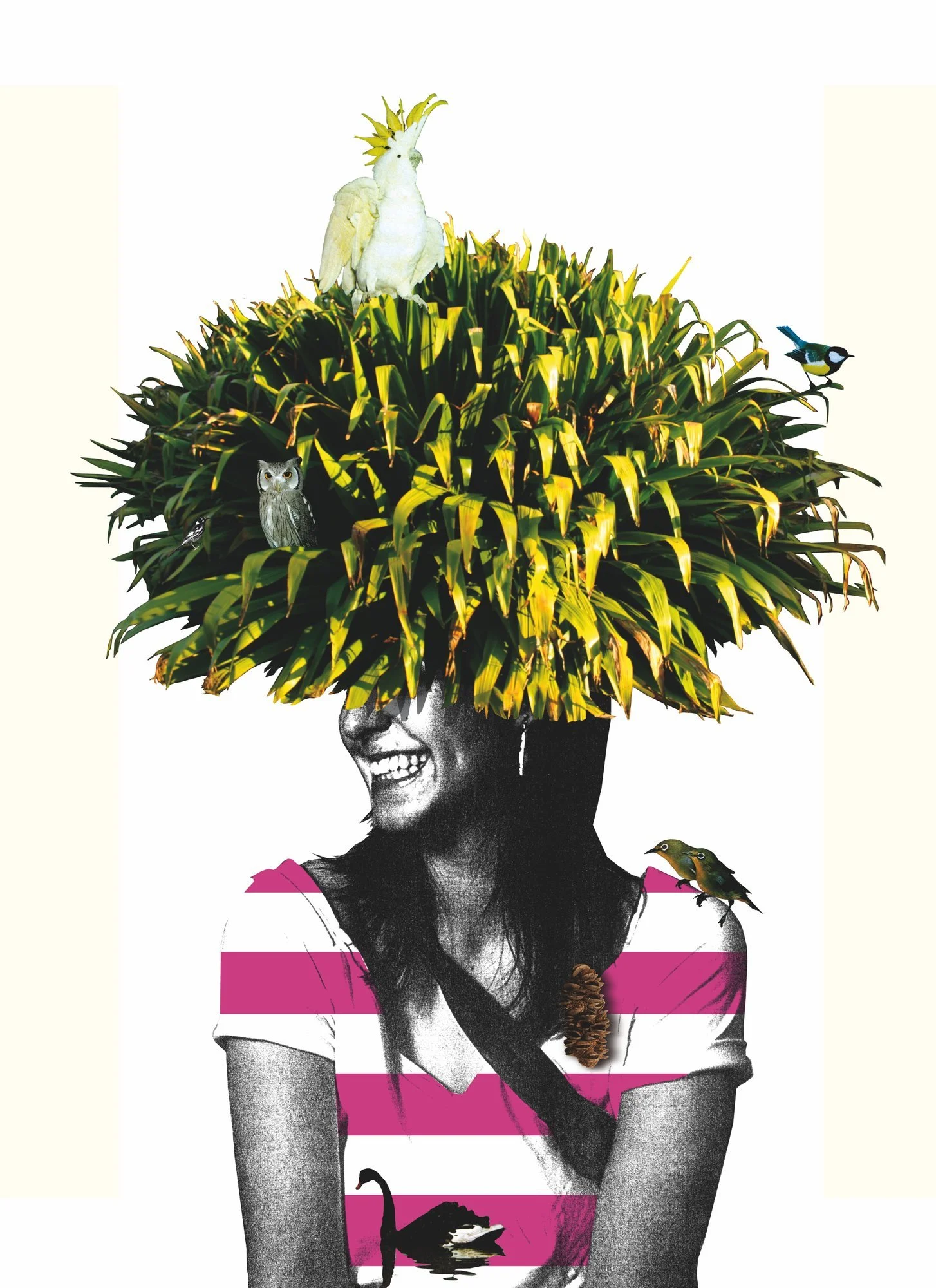 Botanical character illustration by Darren Henderson for Moonlight Cinema — photocopied texture and portrait photography
