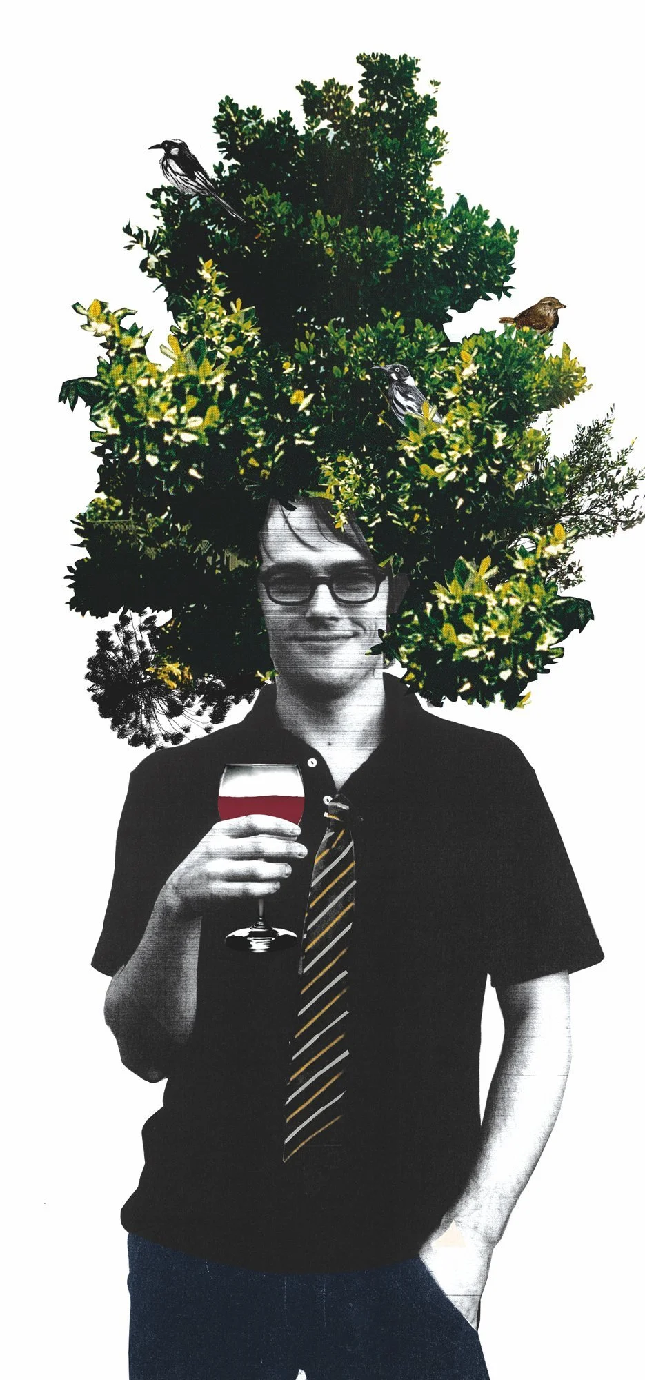 Botanical character illustration by Darren Henderson for Moonlight Cinema — photocopied texture and portrait photography