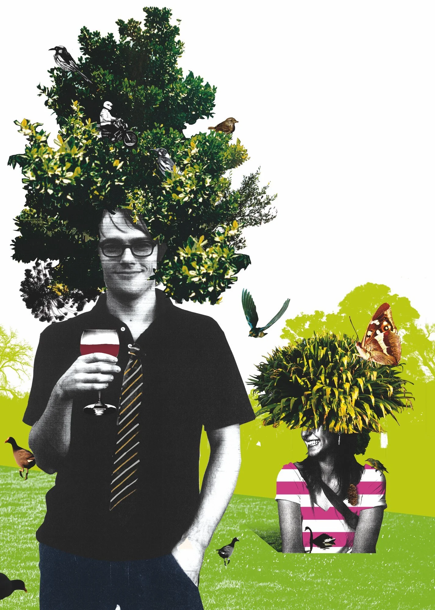 Botanical character illustration by Darren Henderson for Moonlight Cinema — photocopied texture and portrait photography