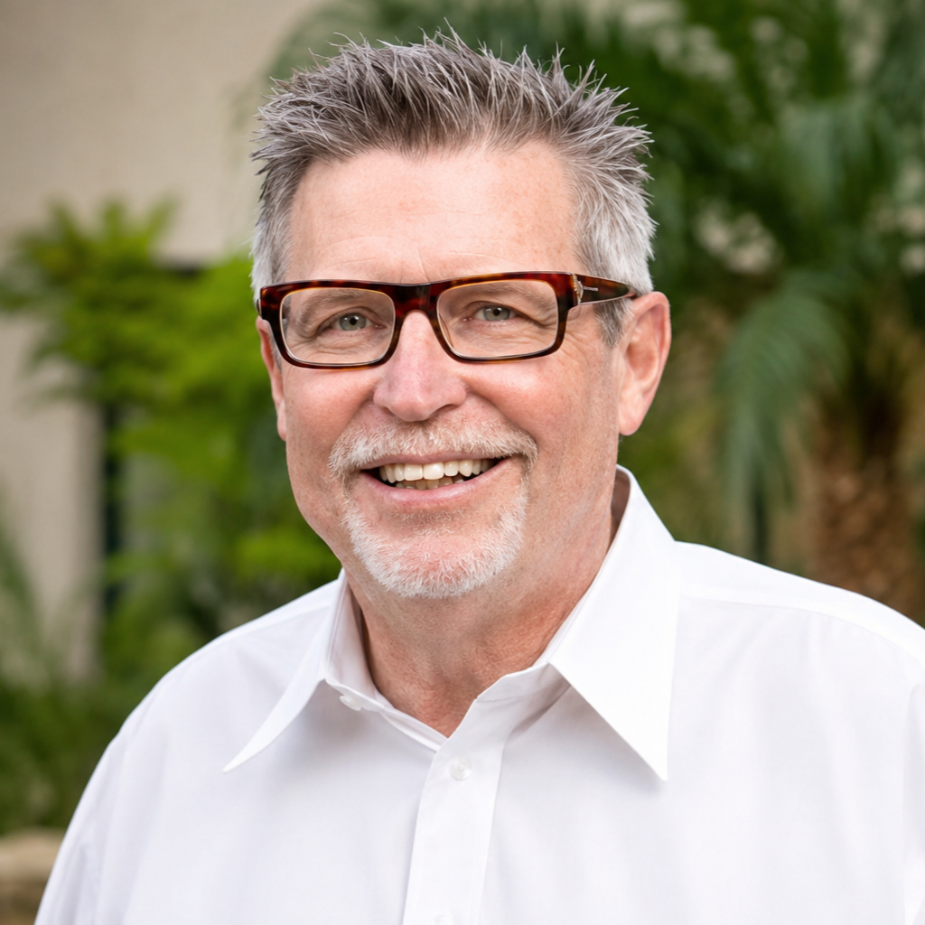 A smiling middle-aged man with gray hair and a beard, wearing glasses and a white shirt, outdoors with green foliage in the background.