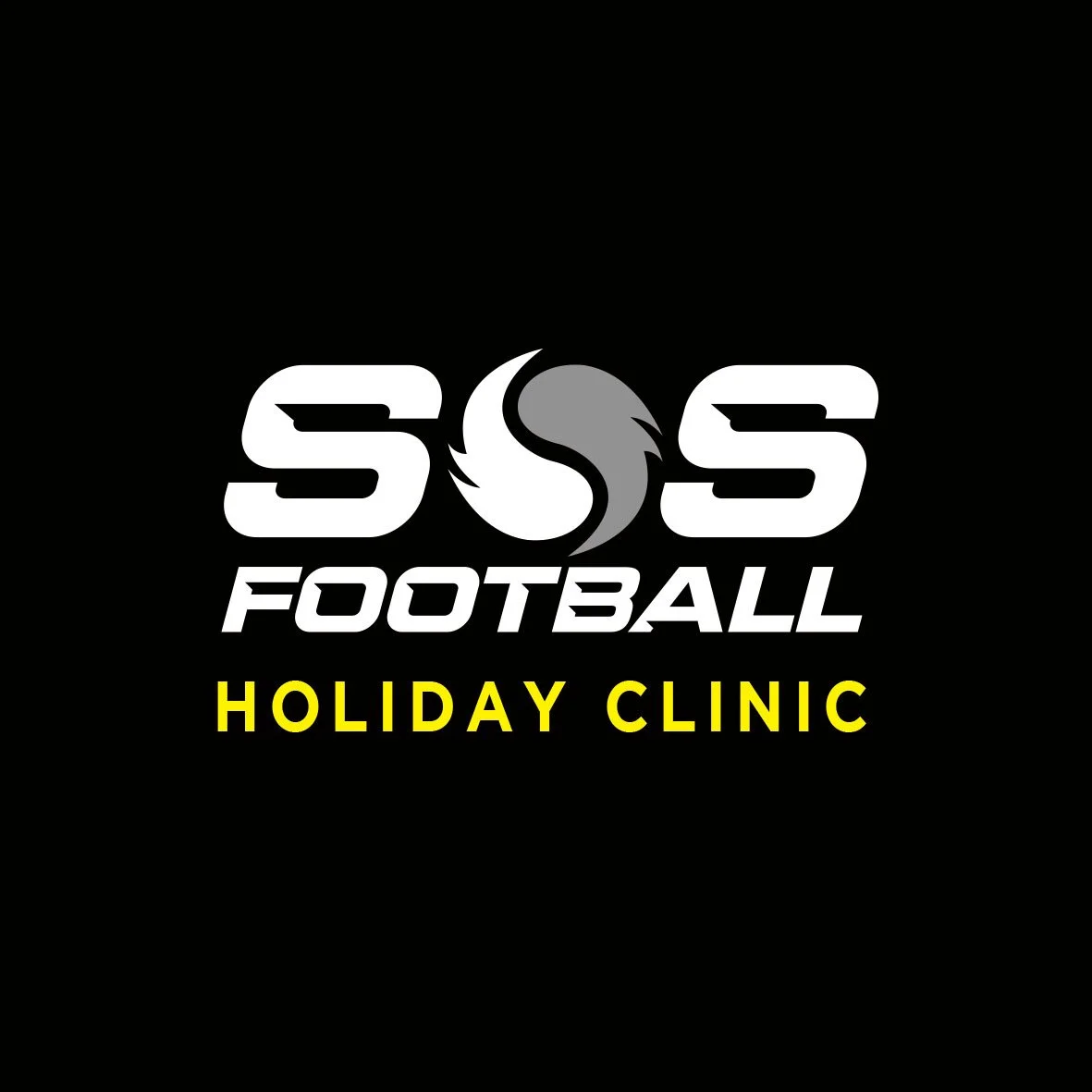 Logo for SOS Football Holiday Clinic featuring black background, white and gray text, and a stylized football graphic.