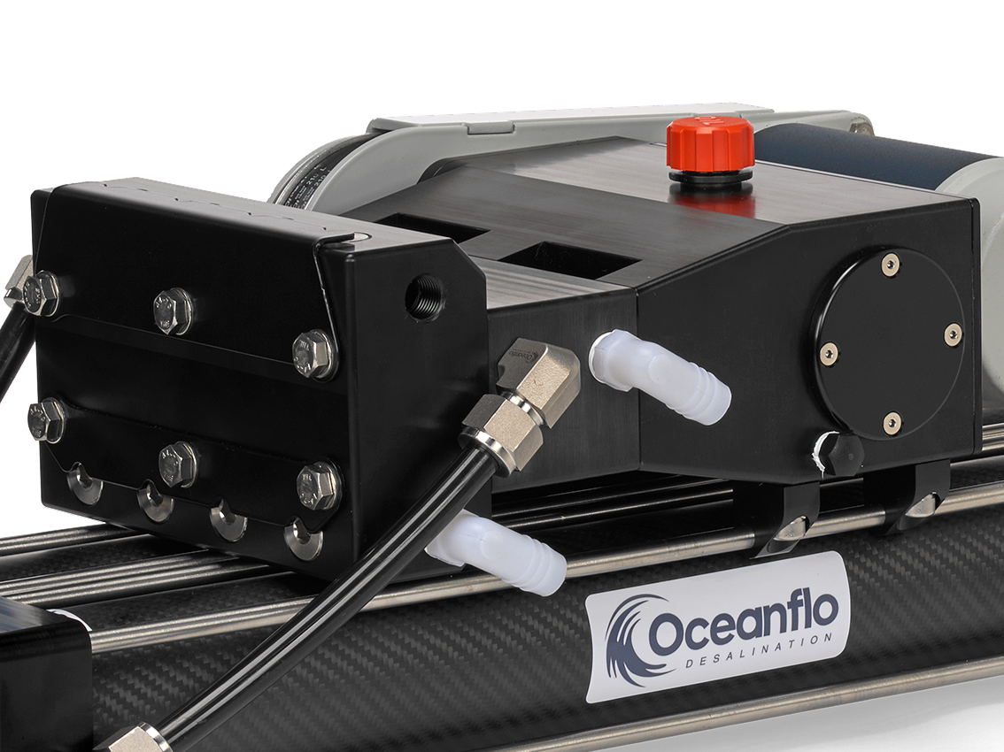 Close-up of the Oceanflo energy recovery piston pump as featured on the OF70M, OF70A and OF150A DC Watermakers
