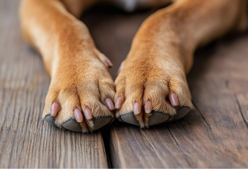 Close-up of a dog's paws with well-groomed nails, resting on a wooden floor.
