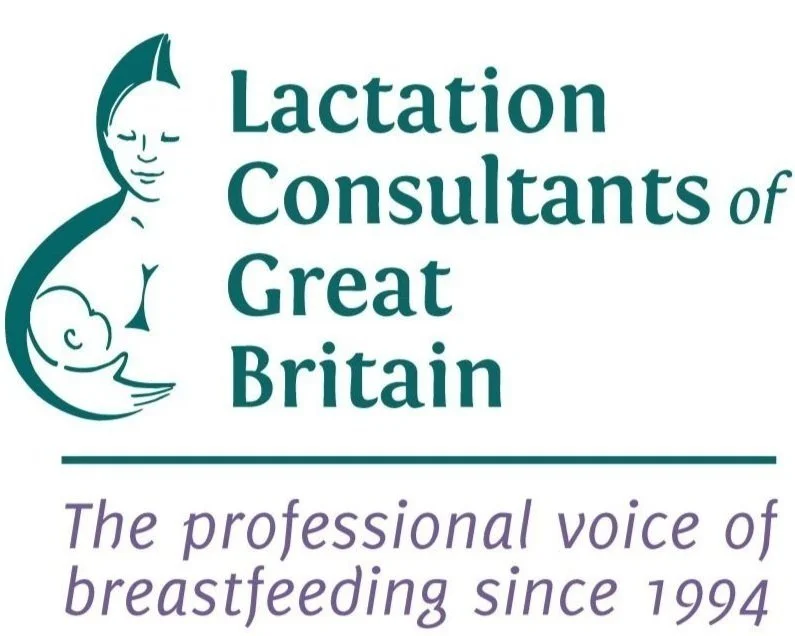 Logo of Lactation Consultants of Great Britain featuring a line drawing of a mother breastfeeding a baby, with the company name, and the tagline 'The professional voice of breastfeeding since 1994'.