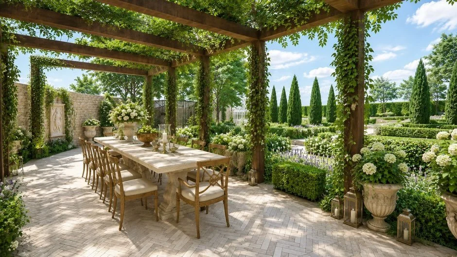 Golden hour, a glass of wine, and nowhere else to be ✨

This bespoke alfresco dining space in Hadley Wood was designed for long summer lunches that drift into candlelit evenings beneath the pergola. Wrapped in climbing greenery, soft lighting, and ti