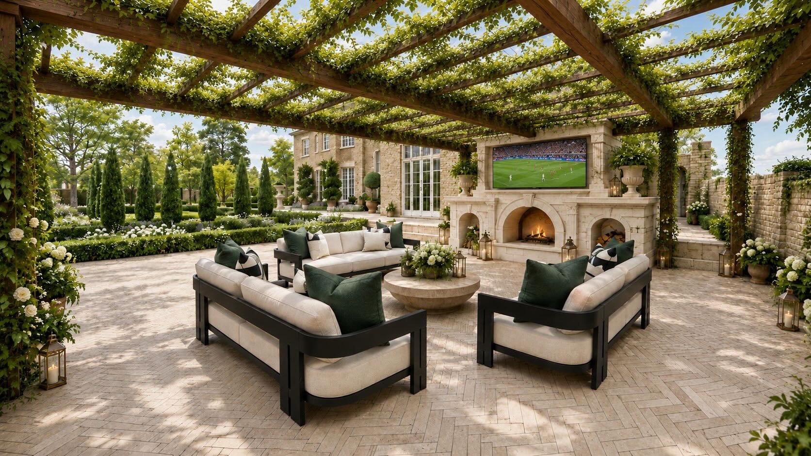 Sun&rsquo;s out, heatwave on, and suddenly the garden becomes everyone&rsquo;s favourite room 🌿☀️⚽️
This outdoor setup is the definition of summer hosting goals; shaded pergola, cosy fire feature, and match day under the open sky. British weather ma