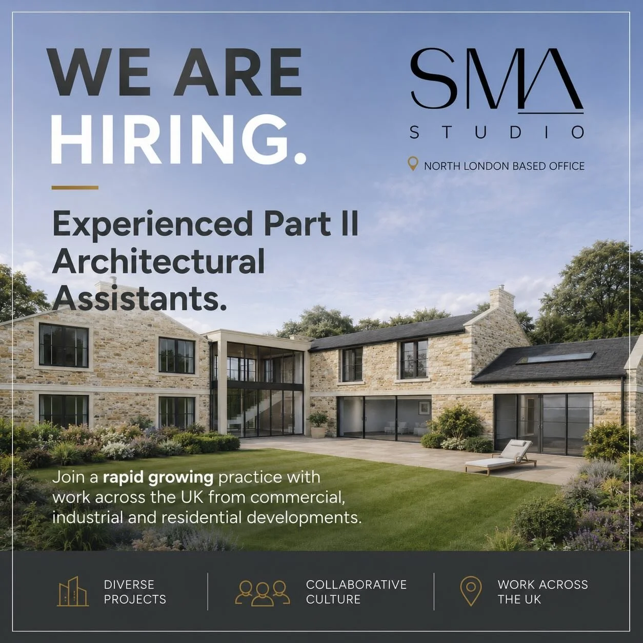 🚨 WE ARE HIRING 🚨

Experienced Part II Architectural Assistants

Join SMA Studio, a rapidly growing architectural practice based in North London.

We&rsquo;re looking for talented and motivated Part II Architectural Assistants to become part of our