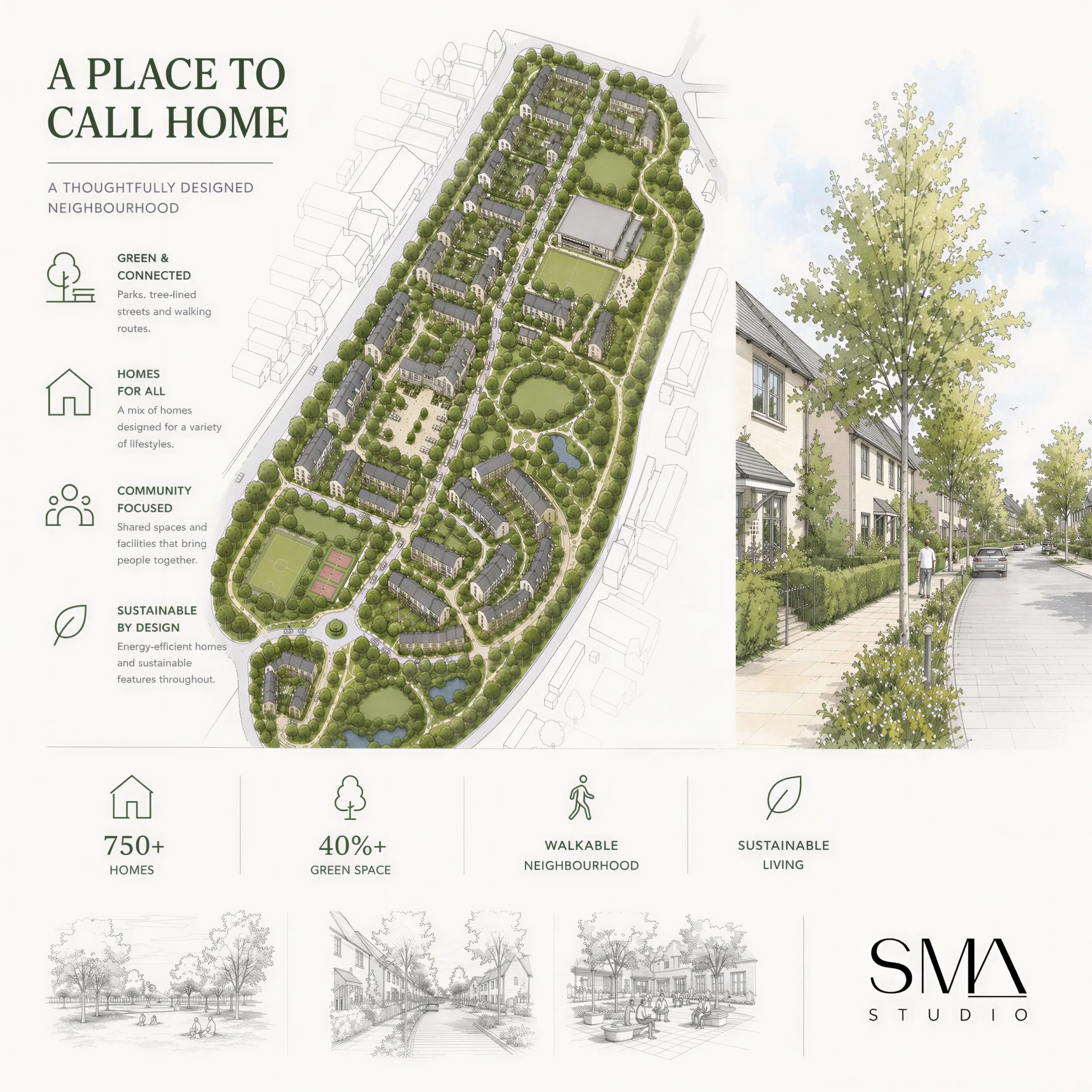 Proud to share an early glimpse of something we've been working on. 

SMA Studio is masterplanning a major new community in South East England, 130 acres designed around people, nature and connectivity.

The vision includes:

🏡 +650 new homes across