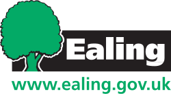 Logo of Ealing Borough with a green tree, black and white text, and a green URL link