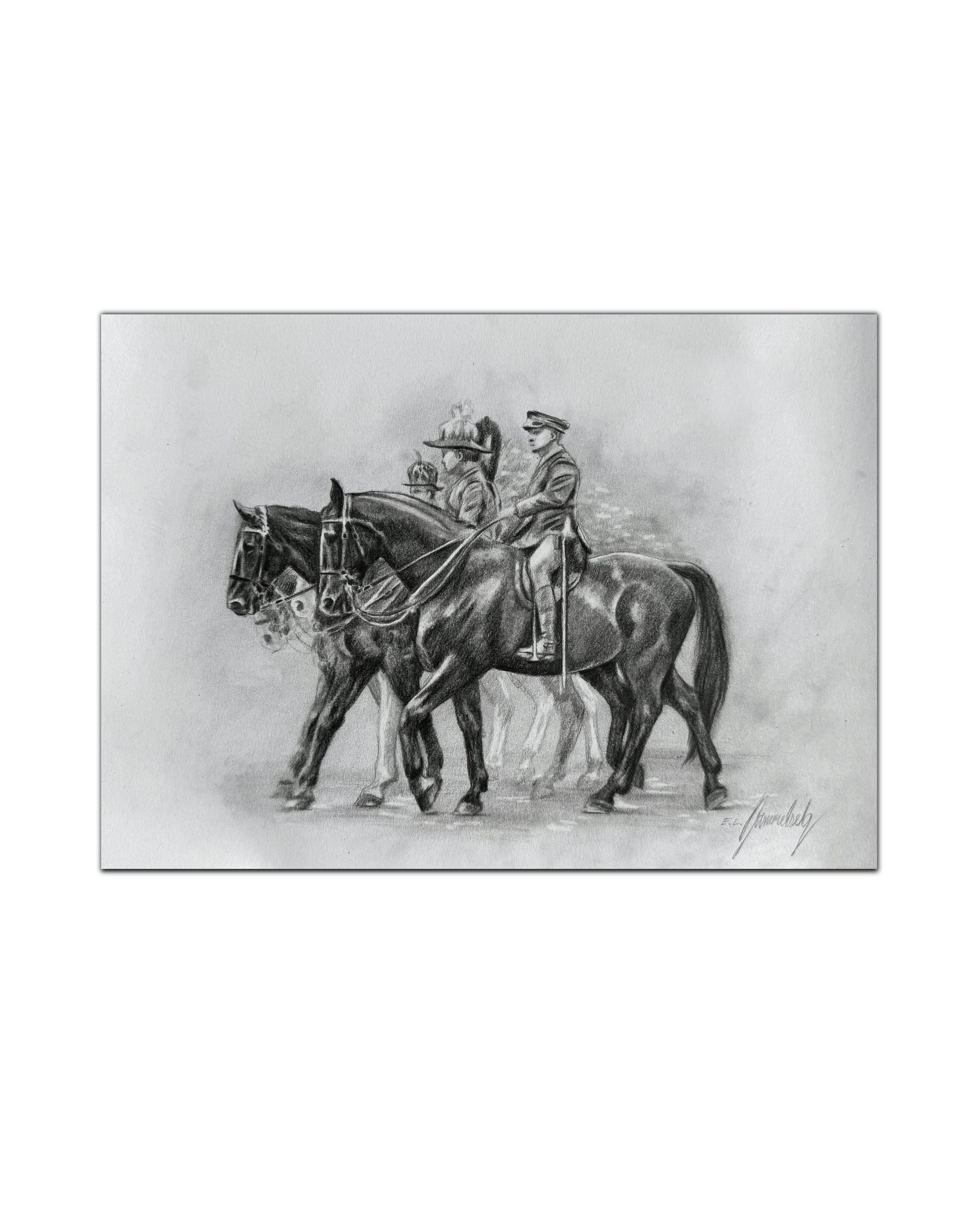 Household Cavalry mounted guards parade pencil drawing
