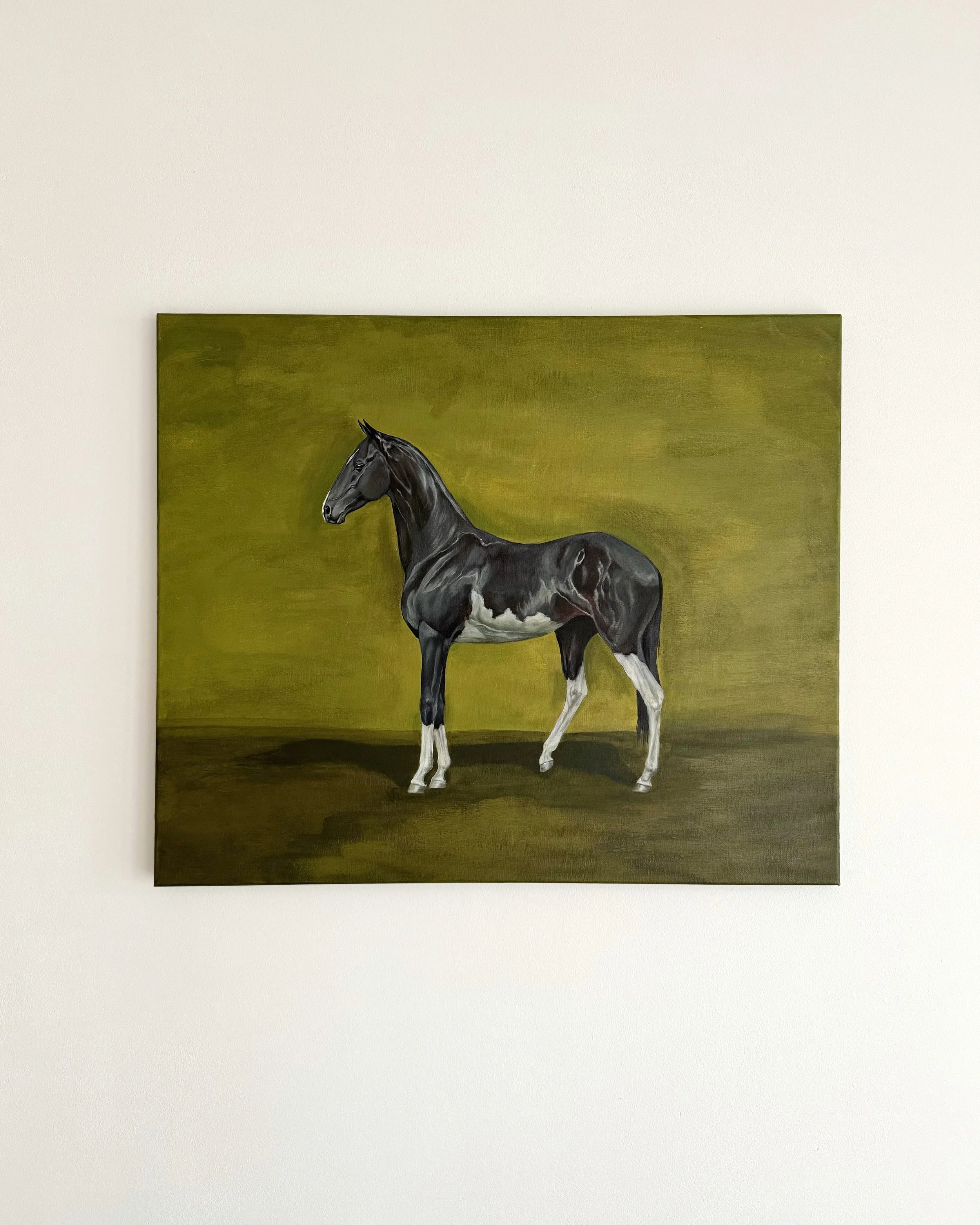 Akhal-Teke horse painting on a moss green background.