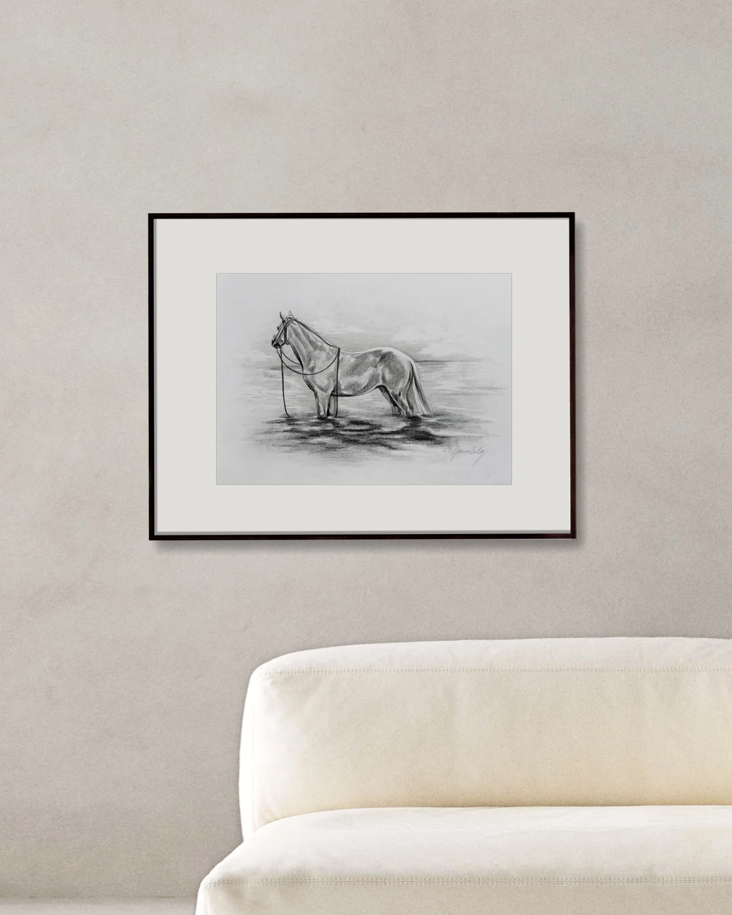 Drawing of horse swimming for home decor.