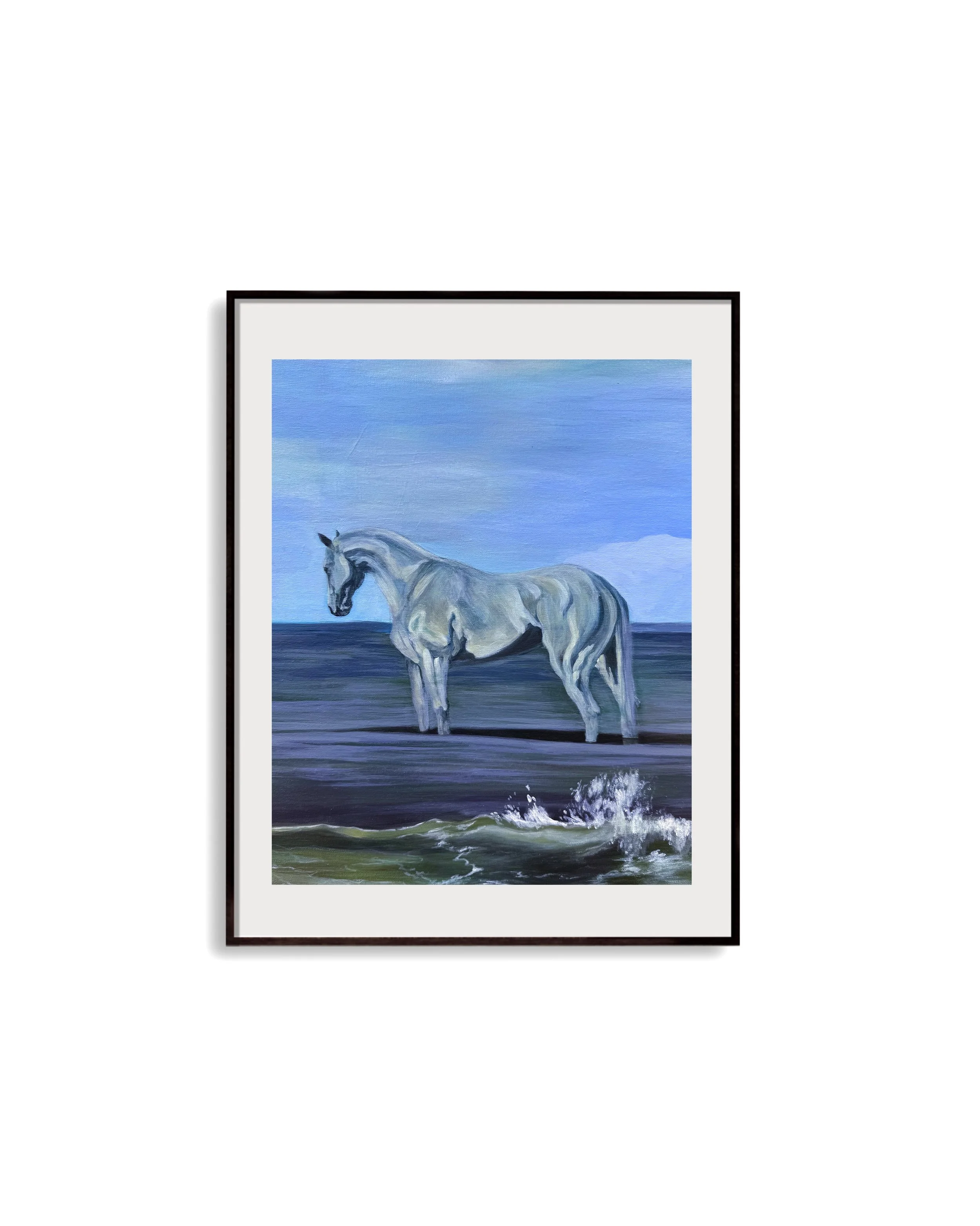 Blue seaside white horse painting art print