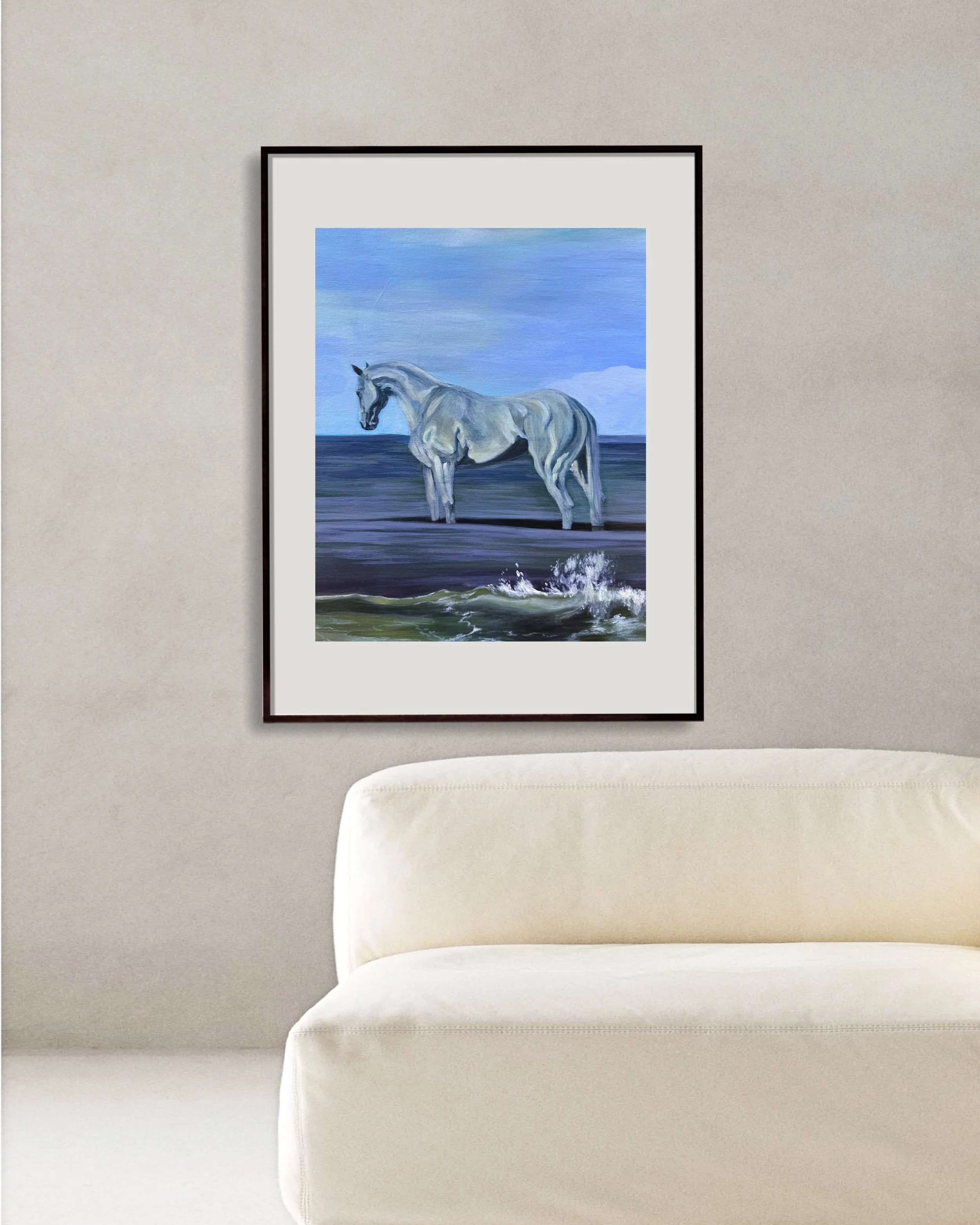 Blue seaside white horse painting art print