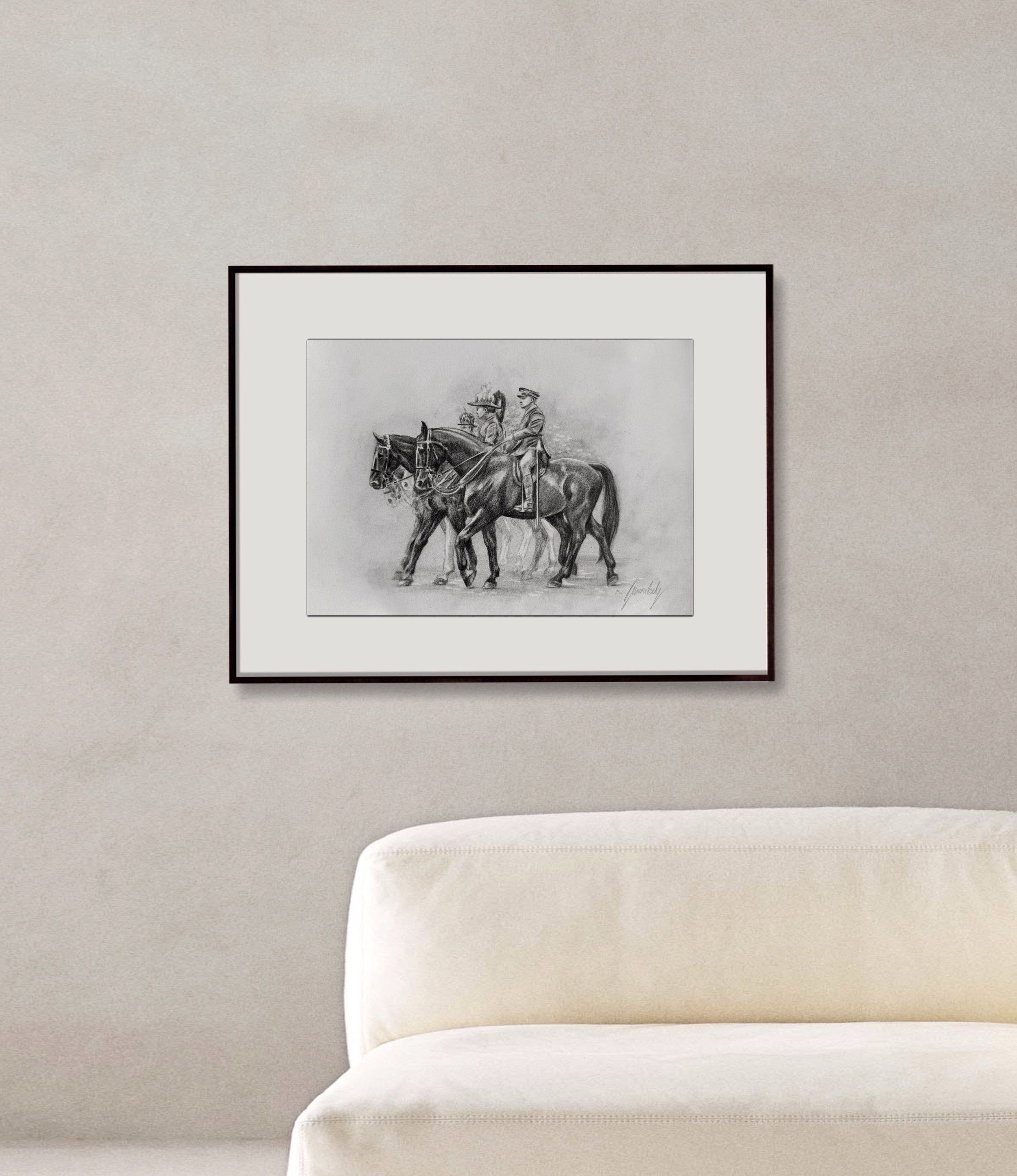 Household Cavalry mounted guards parade pencil drawing