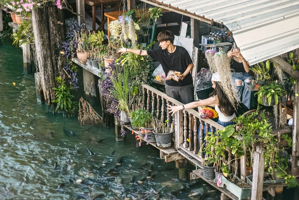 Three people on a small balcony or porch with potted plants over water, feeding fish in a pond.
