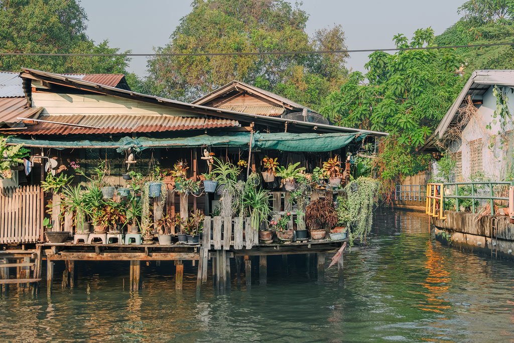 A floating house made of wood and corrugated metal, decorated with numerous potted plants, on a canal with trees in the background.