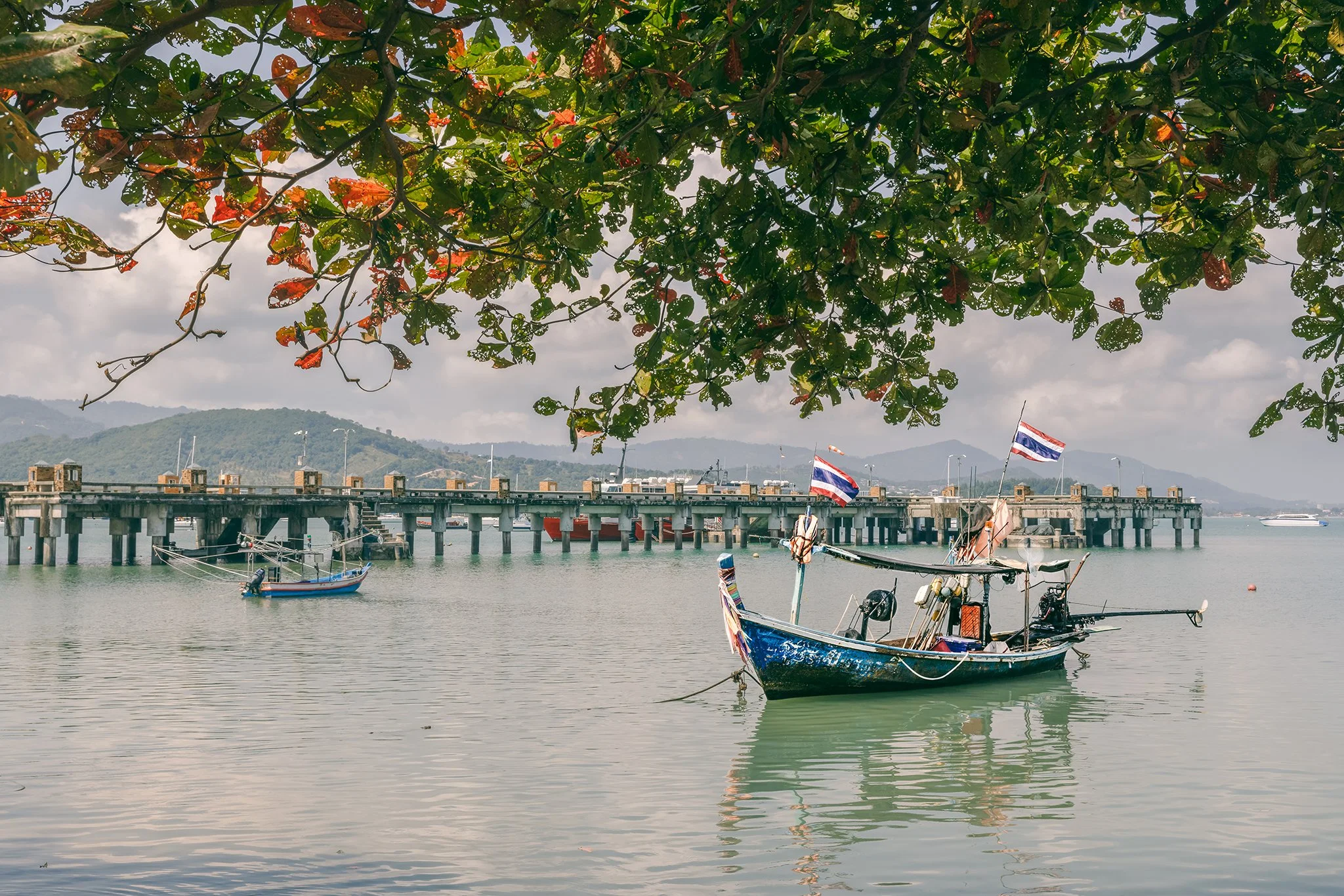 A harbor scene viewed from under a tree with green and red leaves. There is a pier with boats docked, including a small boat in the foreground and larger boats with Thai flags in the background. Mountainous landscape is visible beyond the pier, under a cloudy sky.