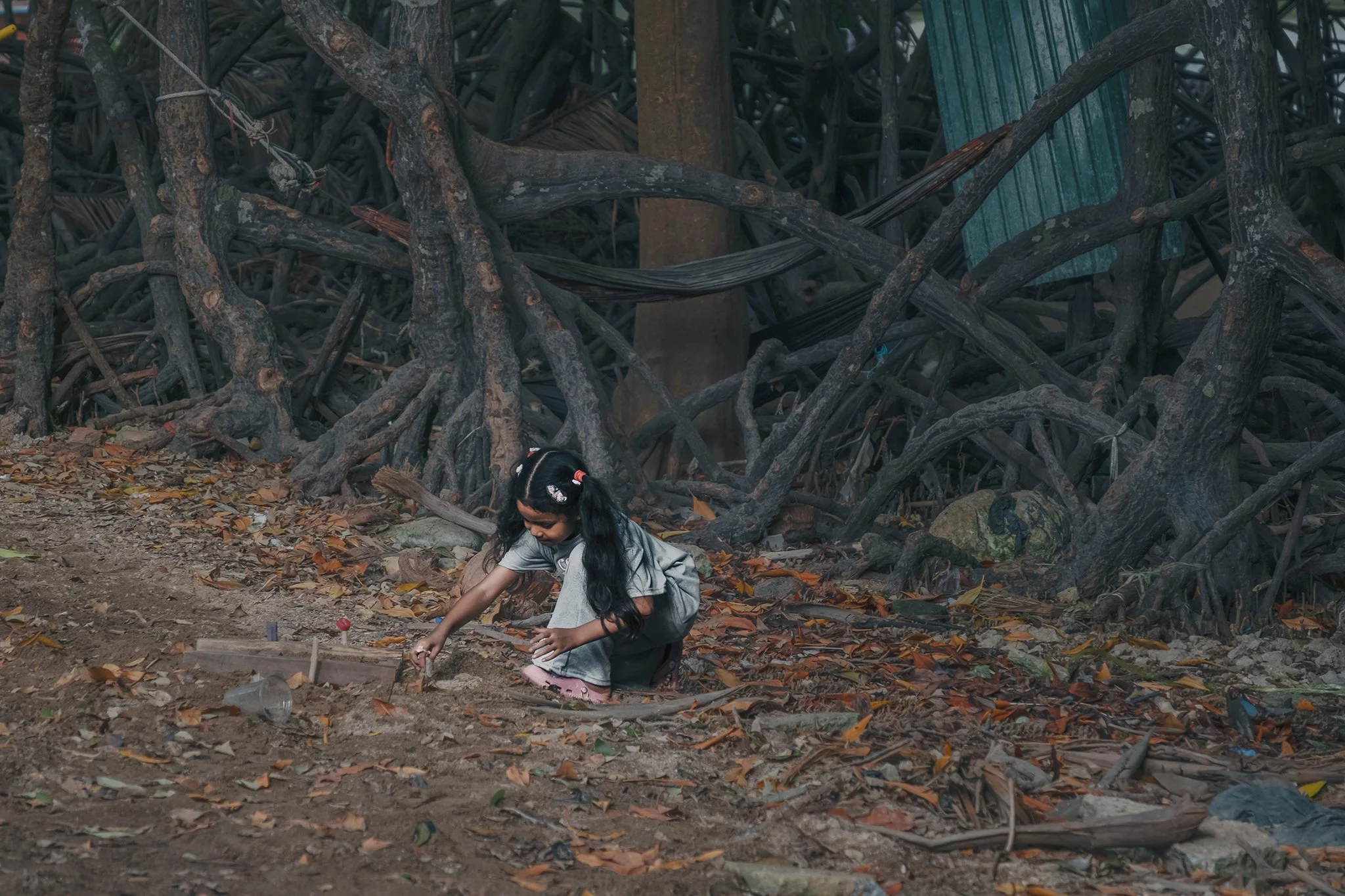 A young girl with long dark hair, wearing a gray shirt and pink shoes, is playing on the ground near a large pile of tree roots and debris. The background includes tangled tree roots, fallen leaves, and a weathered blue corrugated metal sheet.
