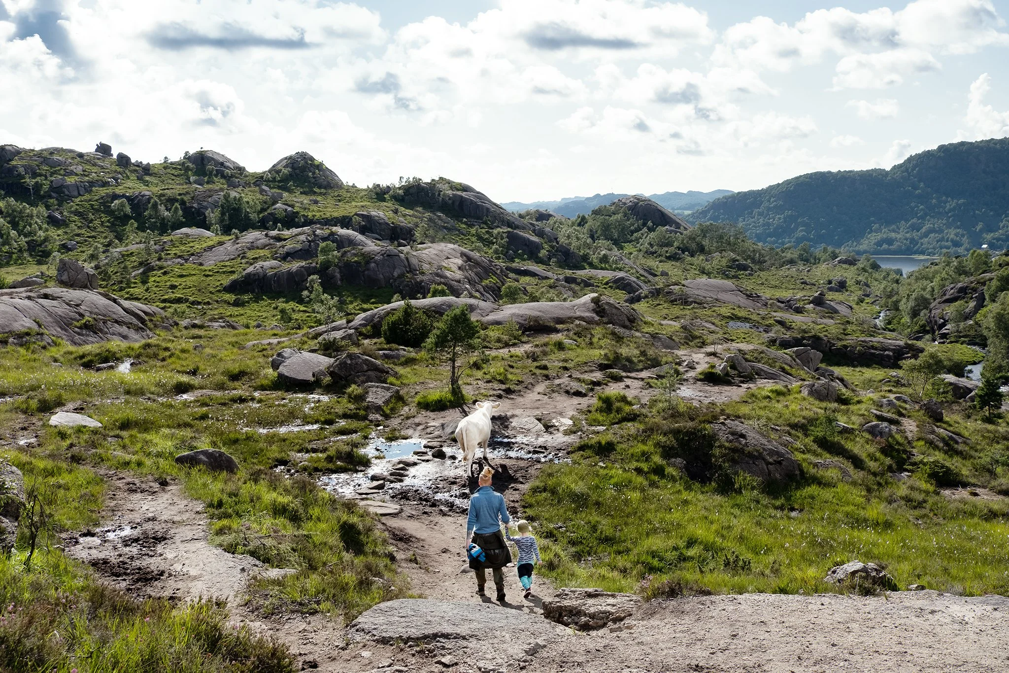 A scenic mountain landscape with rocky hills, green vegetation, a lake in the distance, and cloudy sky. In the foreground, a man, two children, and a white dog walk along a dirt trail.