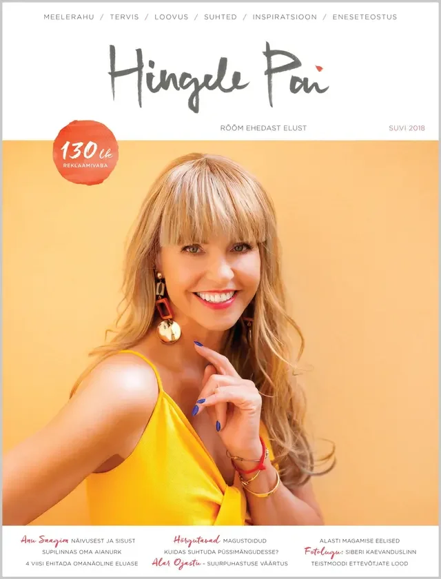 Cover of a magazine featuring a woman in a yellow dress with long blonde hair, smiling, wearing bold earrings, against a yellow background.