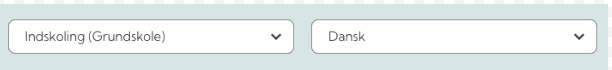Skærmbillede med dropdown-menuer for skoletype og sprog, hvor det står 'Indskoling (Grundskole)' og 'Dansk'.