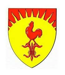 Et skjold med en gul baggrund, rød fjerkræfigur øverst og en blød kors-formet symbol nederst.