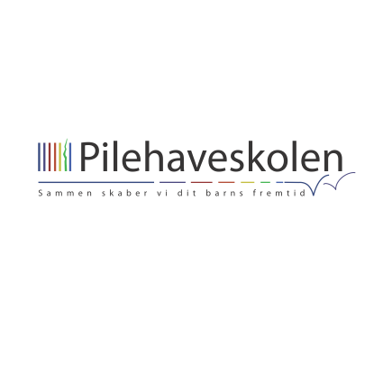 Logo for Pilehaveskolen med farvede bøger og flyvende fugle, tekst: 'Sammen skaber vi det barns fremtid'.