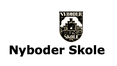 Logo for Nyboder Skole med tekst og bygningsbillede